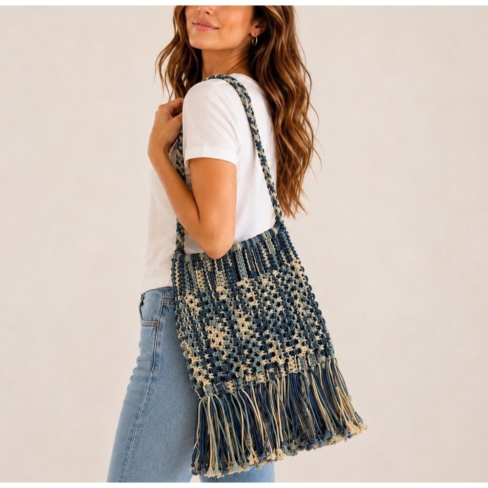 Earthbound Trading Co Macrame Fringe Shoulder Bag Blue Cream Boho Woven Tote